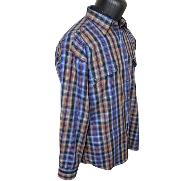 Leo Chevalier Design Western Plaid Button Up Shirt Clear Snap Sz M Blue Brown - Picture 3 of 10